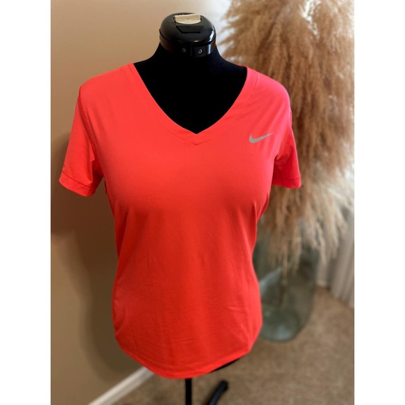 Nike Pro Dri-Fit V Neck Short Sleeve Top Neon Pink Orange Size L - Picture 1 of 6